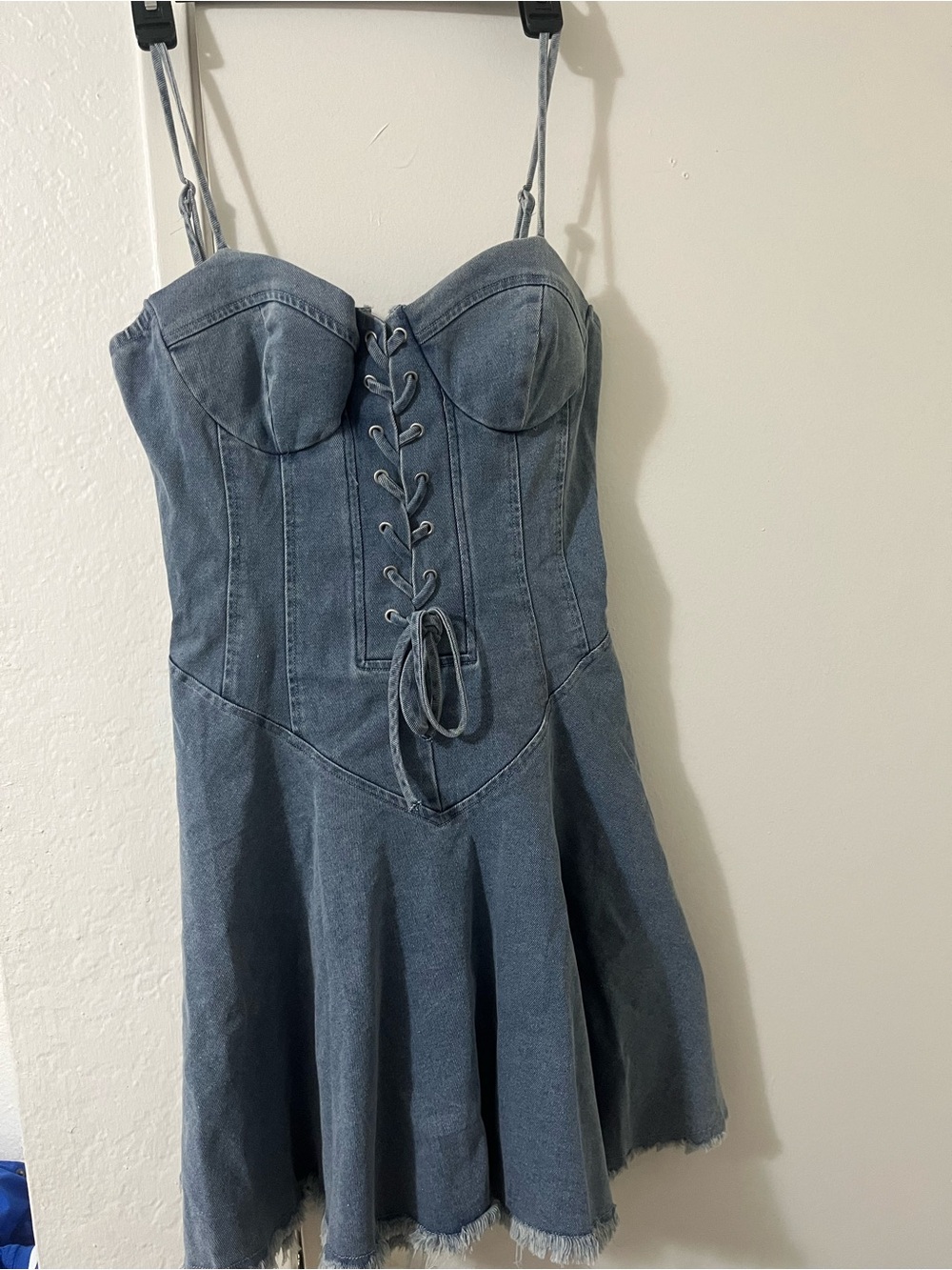 privy Denim Lace-Up Bustier Mini Dress in Blue